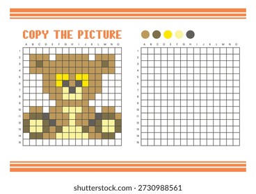 Copy the picture grid drawing worksheet for kids. Fun and educational coloring activity. Suitable for practicing drawing and coordination skills. Pixel art bear