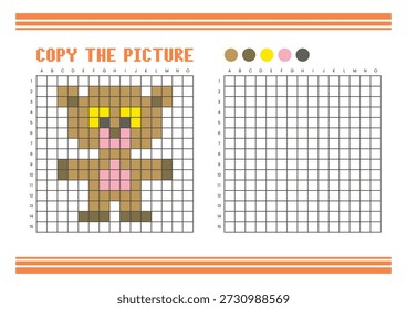 Copie la hoja de cálculo de dibujo de cuadrícula de imagen para niños. Diversión y actividad educativa para colorear. Adecuado para practicar habilidades de dibujo y coordinación. Pixel arte oso