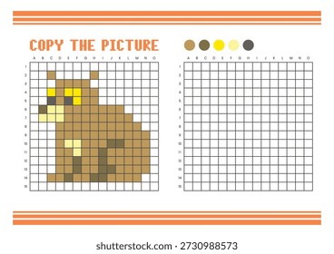 Kopieren Sie das Arbeitsblatt zum Zeichnen des Bildrasters für Kinder. Spaß und pädagogische Farbaktivität. Geeignet für das Üben von Zeichnen und Koordination Fähigkeiten. Pixel-Kunstbär