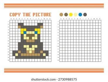 Copie la hoja de cálculo de dibujo de cuadrícula de imagen para niños. Diversión y actividad educativa para colorear. Adecuado para practicar habilidades de dibujo y coordinación. Pixel arte oso de miel