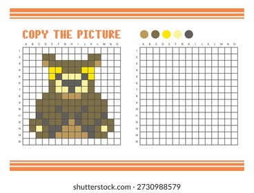 Kopieren Sie das Arbeitsblatt zum Zeichnen des Bildrasters für Kinder. Spaß und pädagogische Farbaktivität. Geeignet für das Üben von Zeichnen und Koordination Fähigkeiten. Pixel-Kunstbär