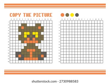 Copy the picture grid drawing worksheet for kids. Fun and educational coloring activity. Suitable for practicing drawing and coordination skills. Pixel art bear