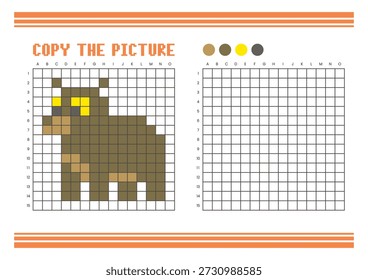 Copie la hoja de cálculo de dibujo de cuadrícula de imagen para niños. Diversión y actividad educativa para colorear. Adecuado para practicar habilidades de dibujo y coordinación. Pixel arte oso