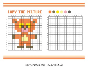 Kopieren Sie das Arbeitsblatt zum Zeichnen des Bildrasters für Kinder. Spaß und pädagogische Farbaktivität. Geeignet für das Üben von Zeichnen und Koordination Fähigkeiten. Pixel-Kunstbär