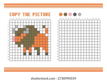 Copie la hoja de cálculo de dibujo de cuadrícula de imagen para niños. Diversión y actividad educativa para colorear. Adecuado para practicar habilidades de dibujo y coordinación. Bisonte de arte de píxeles