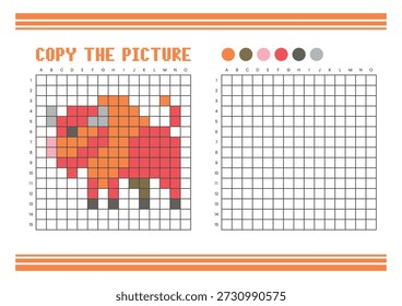Copy the picture grid drawing worksheet for kids. Fun and educational coloring activity. Suitable for practicing drawing and coordination skills. Pixel art bison