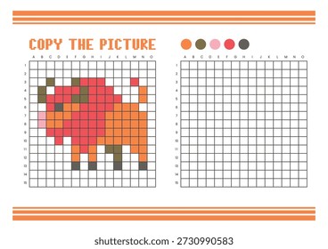 Copy the picture grid drawing worksheet for kids. Fun and educational coloring activity. Suitable for practicing drawing and coordination skills. Pixel art bison