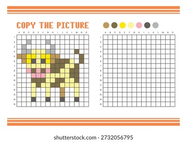 Copy the picture grid drawing worksheet for kids. Fun and educational coloring activity. Suitable for practicing drawing and coordination skills. Pixel art cow