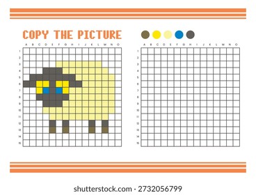 Copiar a planilha de desenho da grade de imagem para crianças. Atividade de coloração divertida e educacional. Adequado para praticar habilidades de desenho e coordenação. Ovelha Pixel art