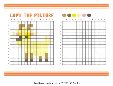 Kopieren Sie das Arbeitsblatt zum Zeichnen des Bildrasters für Kinder. Spaß und pädagogische Farbaktivität. Geeignet für das Üben von Zeichnen und Koordination Fähigkeiten. Pixel Art Ziege