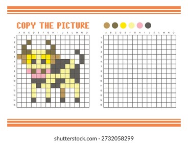 Copie la hoja de cálculo de dibujo de cuadrícula de imagen para niños. Diversión y actividad educativa para colorear. Adecuado para practicar habilidades de dibujo y coordinación. Pixel art cow