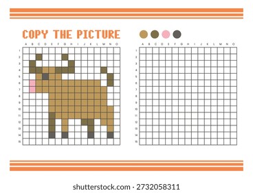Kopieren Sie das Arbeitsblatt zum Zeichnen des Bildrasters für Kinder. Spaß und pädagogische Farbaktivität. Geeignet für das Üben von Zeichnen und Koordination Fähigkeiten. Pixel Art Buffalo
