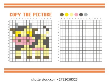 Copiar a planilha de desenho da grade de imagem para crianças. Atividade de coloração divertida e educacional. Adequado para praticar habilidades de desenho e coordenação. Vaca de arte pixel
