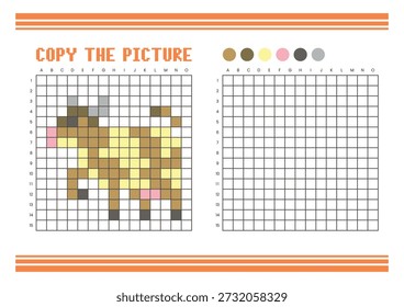 Copy the picture grid drawing worksheet for kids. Fun and educational coloring activity. Suitable for practicing drawing and coordination skills. Pixel art cow