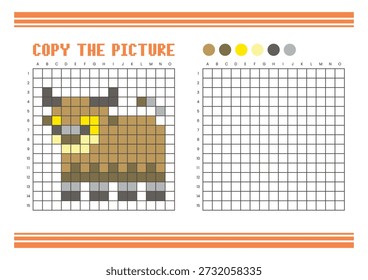 Copy the picture grid drawing worksheet for kids. Fun and educational coloring activity. Suitable for practicing drawing and coordination skills. Pixel art bison