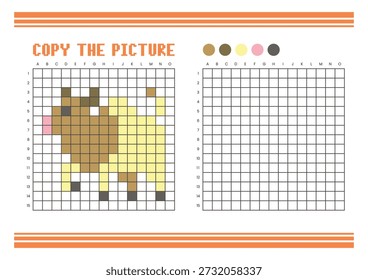 Copy the picture grid drawing worksheet for kids. Fun and educational coloring activity. Suitable for practicing drawing and coordination skills. Pixel art cow