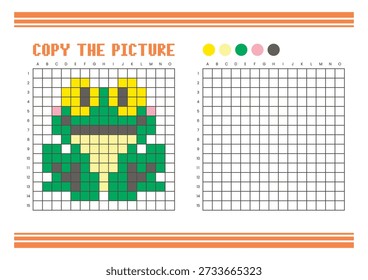 Copy the picture grid drawing worksheet for kids. Fun and educational coloring activity. Suitable for practicing drawing and coordination skills. Pixel art frog