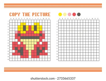 Copy the picture grid drawing worksheet for kids. Fun and educational coloring activity. Suitable for practicing drawing and coordination skills. Pixel art frog