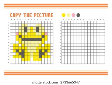 Copy the picture grid drawing worksheet for kids. Fun and educational coloring activity. Suitable for practicing drawing and coordination skills. Pixel art frog