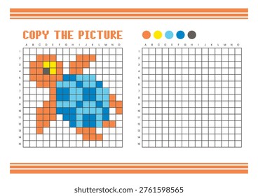 Copy the picture grid drawing worksheet for kids. Fun and educational coloring activity. Suitable for practicing drawing and coordination skills. Pixel art turtle