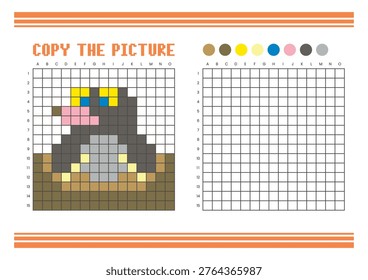 Copy the picture grid drawing worksheet for kids. Fun and educational coloring activity. Suitable for practicing drawing and coordination skills. Pixel art mole