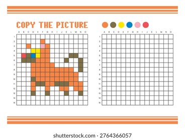 Copy the picture grid drawing worksheet for kids. Fun and educational coloring activity. Suitable for practicing drawing and coordination skills. Pixel art dog
