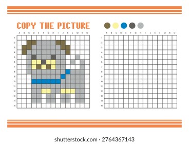 Copy the picture grid drawing worksheet for kids. Fun and educational coloring activity. Suitable for practicing drawing and coordination skills. Pixel art dog