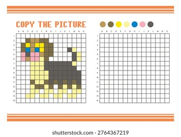 Copy the picture grid drawing worksheet for kids. Fun and educational coloring activity. Suitable for practicing drawing and coordination skills. Pixel art dog