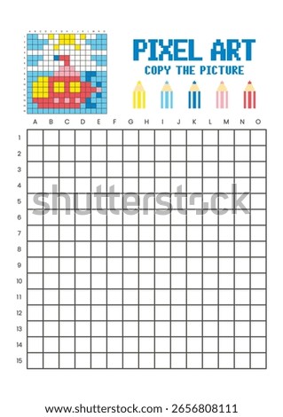 Copy the picture grid drawing worksheet for kids. Pixel art submarine