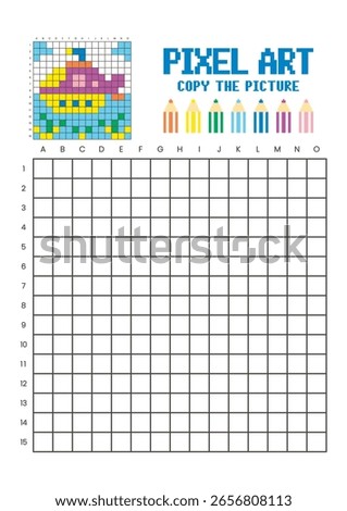 Copy the picture grid drawing worksheet for kids. Pixel art submarine