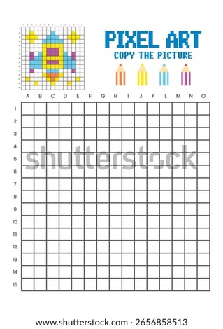 Copy the picture grid drawing worksheet for kids. Pixel art rocket