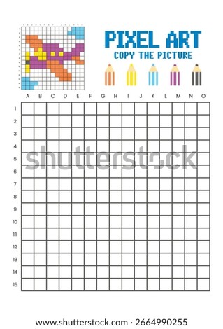 Copy the picture grid drawing worksheet for kids. Pixel art aircraft