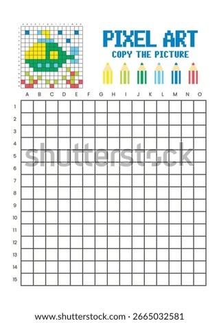 Copy the picture grid drawing worksheet for kids. Pixel art submarine