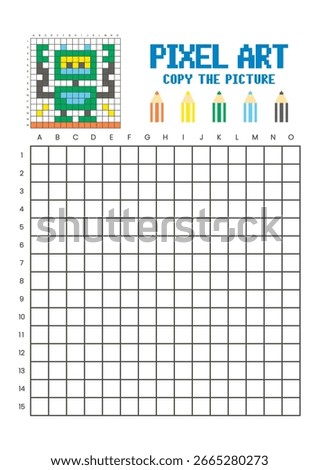 Copy the picture grid drawing worksheet for kids. Pixel art robot