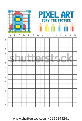 Copy the picture grid drawing worksheet for kids. Pixel art rocket