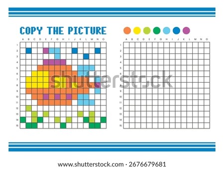 Copy the picture grid drawing worksheet for kids. Fun and educational coloring activity. Suitable for practicing drawing and coordination skills. Pixel art submarine