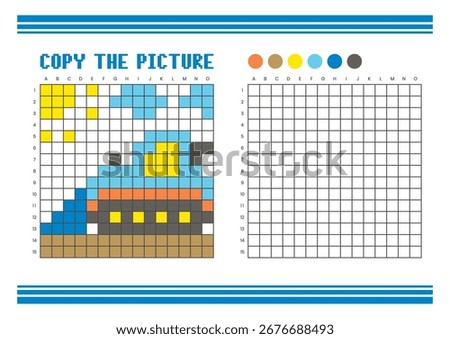 Copy the picture grid drawing worksheet for kids. Fun and educational coloring activity. Suitable for practicing drawing and coordination skills. Pixel art bulldozer