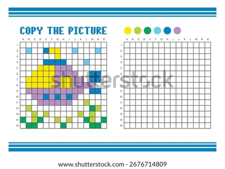 Copy the picture grid drawing worksheet for kids. Fun and educational coloring activity. Suitable for practicing drawing and coordination skills. Pixel art submarine