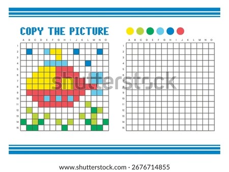 Copy the picture grid drawing worksheet for kids. Fun and educational coloring activity. Suitable for practicing drawing and coordination skills. Pixel art submarine