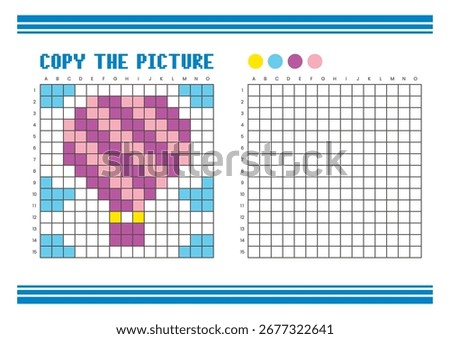 Copy the picture grid drawing worksheet for kids. Fun and educational coloring activity. Suitable for practicing drawing and coordination skills. Pixel art hot air balloon