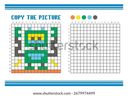 Copy the picture grid drawing worksheet for kids. Fun and educational coloring activity. Suitable for practicing drawing and coordination skills. Pixel art robot