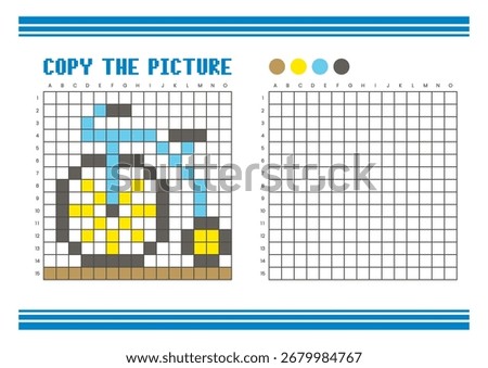 Copy the picture grid drawing worksheet for kids. Fun and educational coloring activity. Suitable for practicing drawing and coordination skills. Pixel art penny farthing bicycle