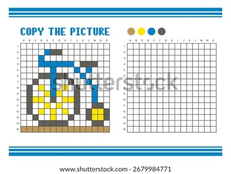 Copy the picture grid drawing worksheet for kids. Fun and educational coloring activity. Suitable for practicing drawing and coordination skills. Pixel art penny farthing bicycle