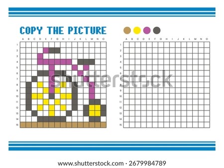 Copy the picture grid drawing worksheet for kids. Fun and educational coloring activity. Suitable for practicing drawing and coordination skills. Pixel art penny farthing bicycle