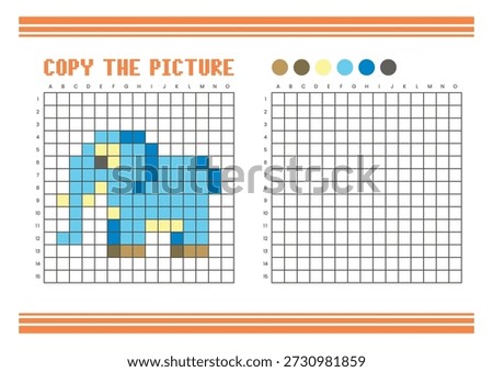 Copy the picture grid drawing worksheet for kids. Fun and educational coloring activity. Suitable for practicing drawing and coordination skills. Pixel art elephant