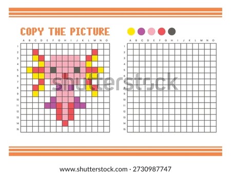 Copy the picture grid drawing worksheet for kids. Fun and educational coloring activity. Suitable for practicing drawing and coordination skills. Pixel art axolotl