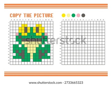 Copy the picture grid drawing worksheet for kids. Fun and educational coloring activity. Suitable for practicing drawing and coordination skills. Pixel art frog