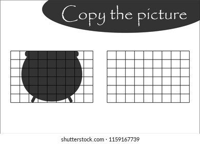 Copy the picture, halloween pot, educational paper game for the development of children, kids preschool activity, printable worksheet, vector illustration