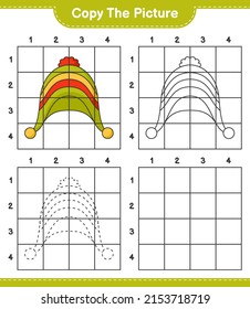 Copie la imagen, copie la imagen de Hat utilizando líneas de cuadrícula. Juego infantil educativo, hoja de cálculo imprimible, ilustración vectorial