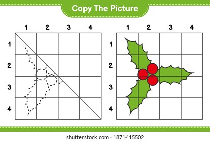 Copy the picture, copy the picture of Holly Berries using grid lines. Educational children game, printable worksheet, vector illustration